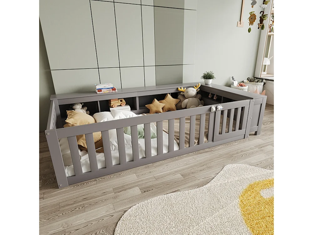 Lit enfant 90 x 200 cm, avec de nombreux rangements et espace, lit en bois massif avec sommier à lattes, lit simple, gris