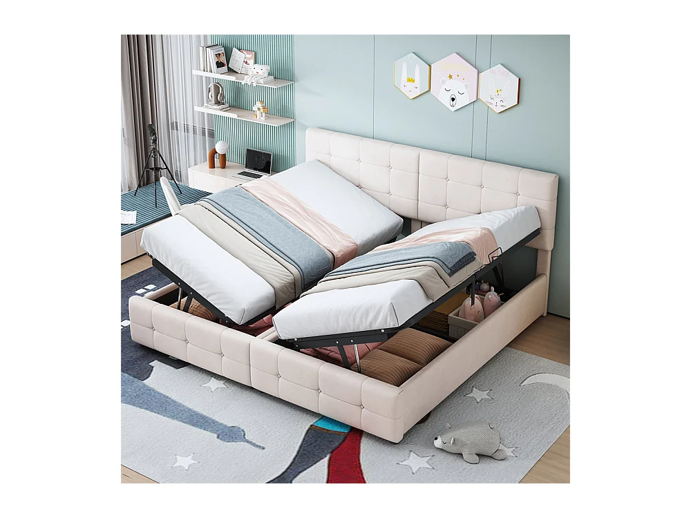 Lit jeune lit 180x200 cm lit de rangement lit rembourré hydraulique lit double velours beige