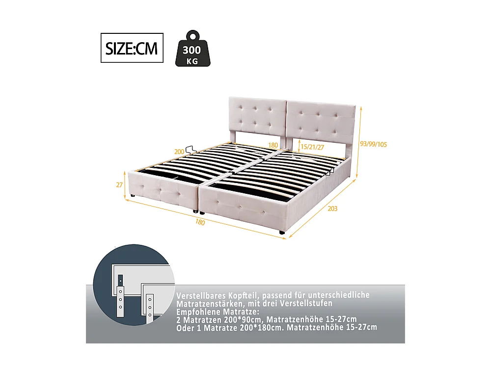 Lit jeune lit 180x200 cm lit de rangement lit rembourré hydraulique lit double velours beige