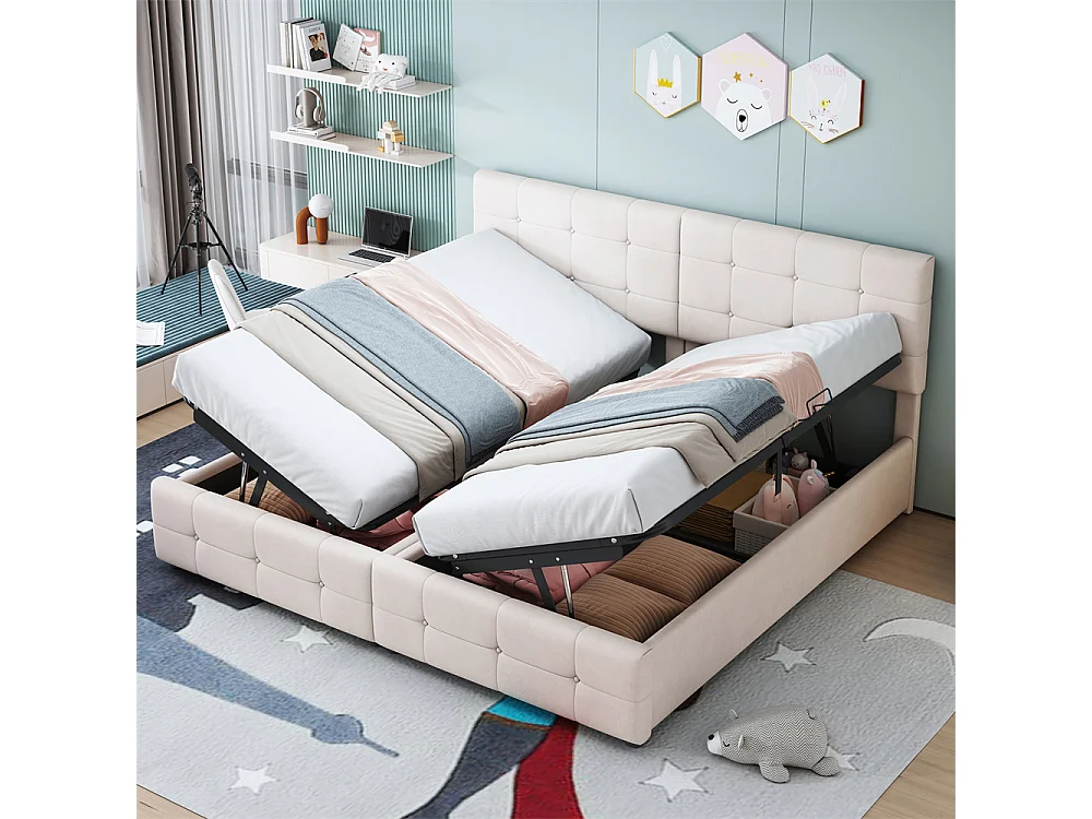 Lit jeune lit 180x200 cm lit de rangement lit rembourré hydraulique lit double velours beige