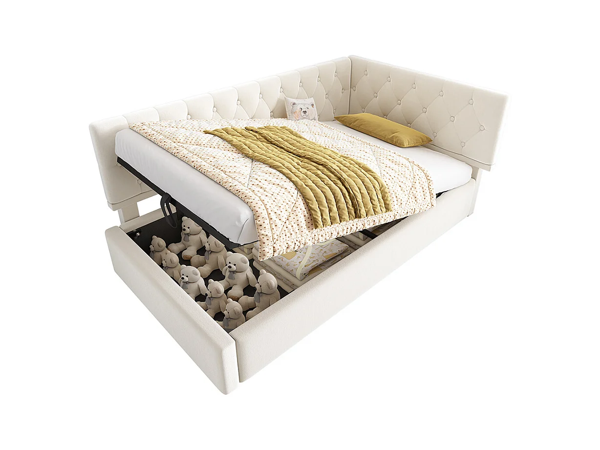 Lit rembourré, lit de repos 90x200cm, canapé convertible avec rangement hydraulique, lit enfant, lit jeune beige, sans matelas.