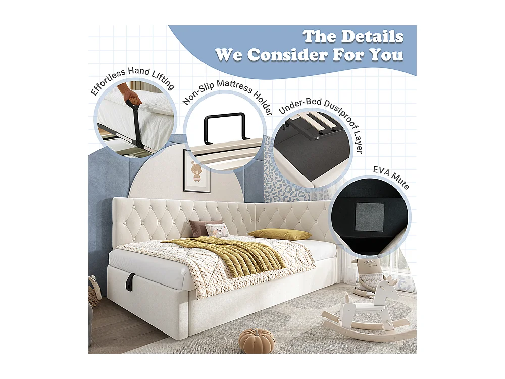 Lit rembourré, lit de repos 90x200cm, canapé convertible avec rangement hydraulique, lit enfant, lit jeune beige, sans matelas.