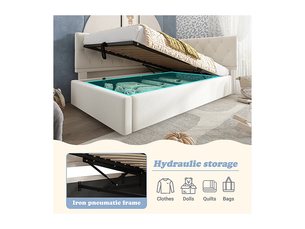 Lit rembourré, lit de repos 90x200cm, canapé convertible avec rangement hydraulique, lit enfant, lit jeune beige, sans matelas.