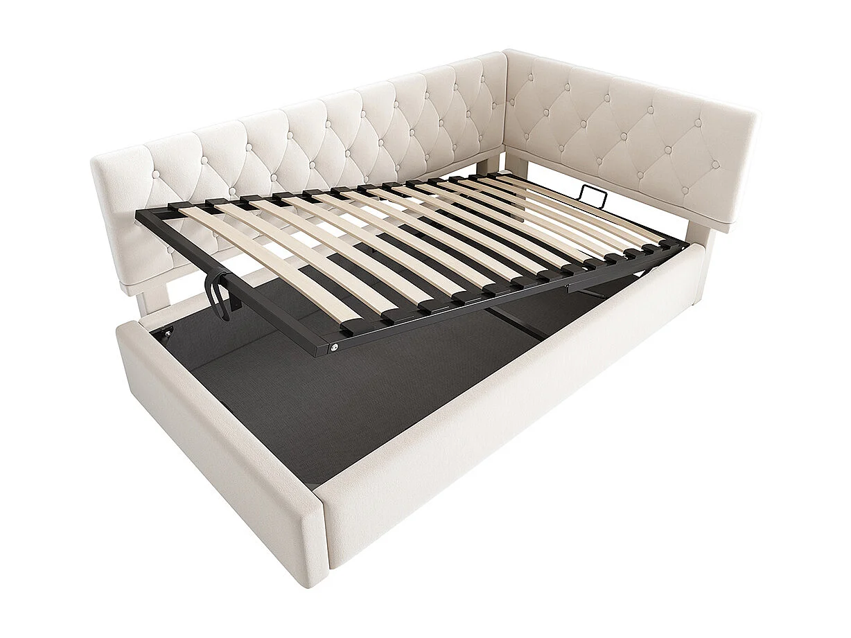 Lit rembourré, lit de repos 90x200cm, canapé convertible avec rangement hydraulique, lit enfant, lit jeune beige, sans matelas.