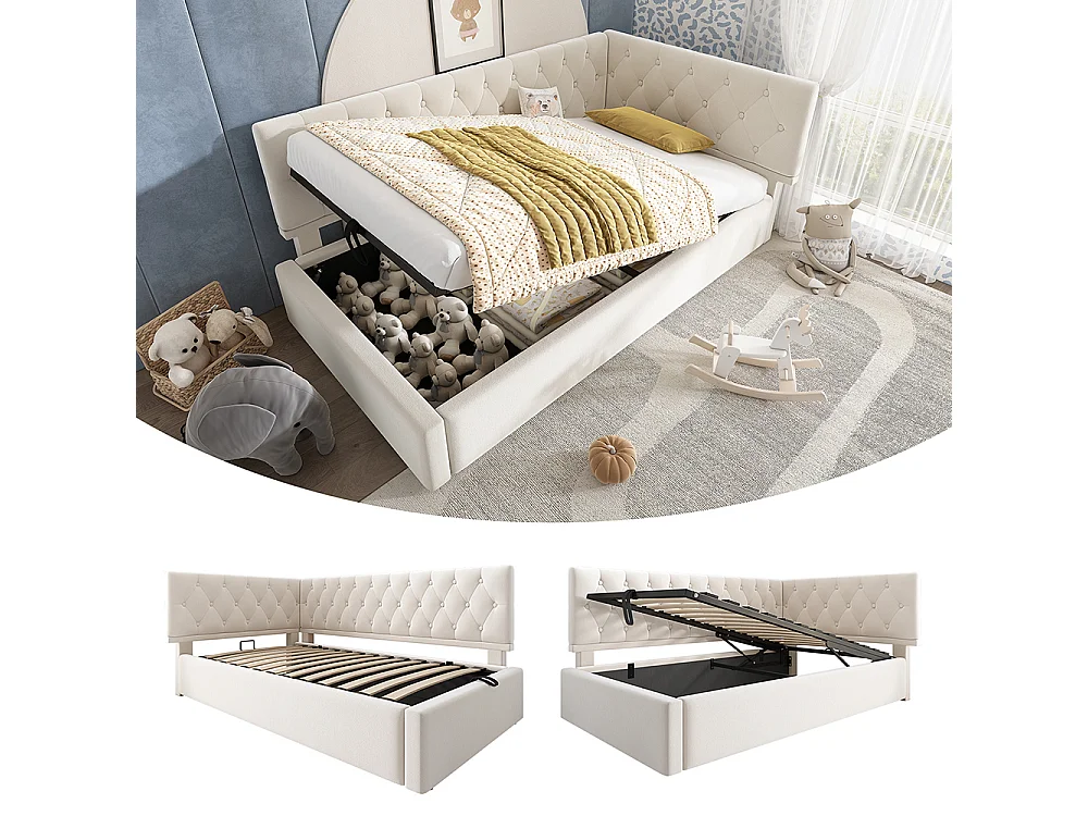 Lit rembourré, lit de repos 90x200cm, canapé convertible avec rangement hydraulique, lit enfant, lit jeune beige, sans matelas.