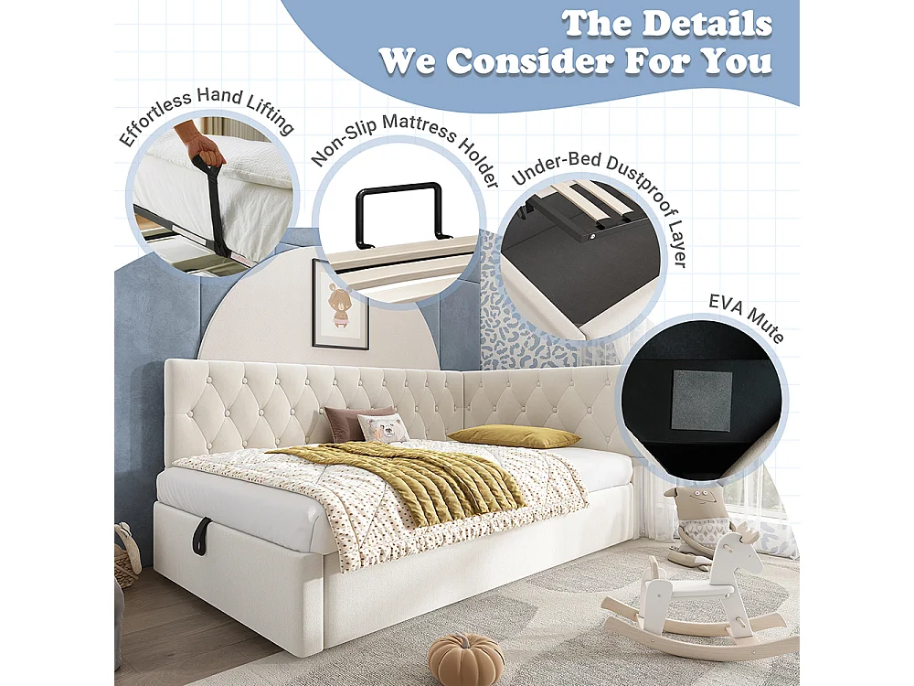 Lit rembourré, lit de repos 90x200cm, canapé convertible avec rangement hydraulique, lit enfant, lit jeune beige, sans matelas.