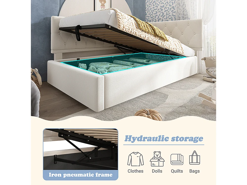 Lit rembourré, lit de repos 90x200cm, canapé convertible avec rangement hydraulique, lit enfant, lit jeune beige, sans matelas.