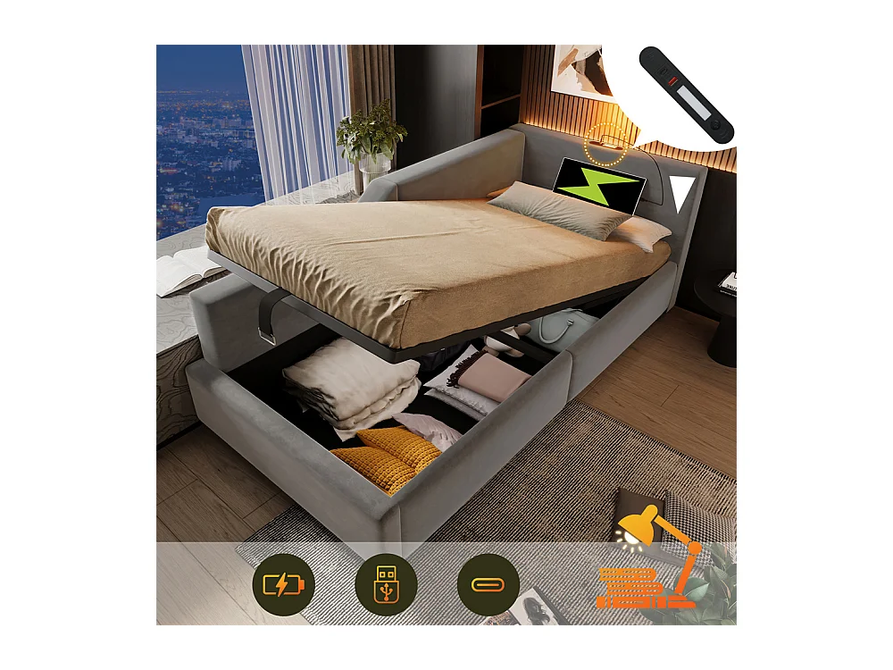 Lit jeune lit 90x190 cm lit rembourré hydraulische lit simple velours gris