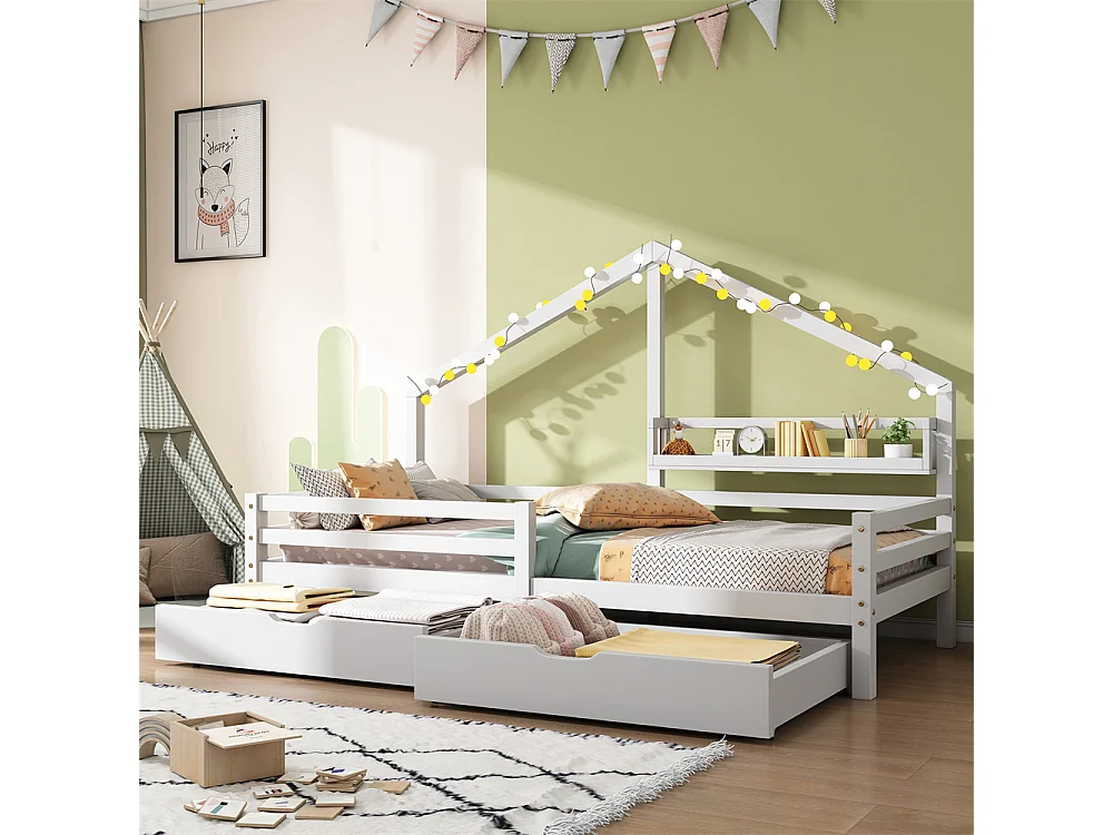 Lit jeune lit 90 x 200 cm avec étagère et 2 tiroirs lit simple bois massif blanc