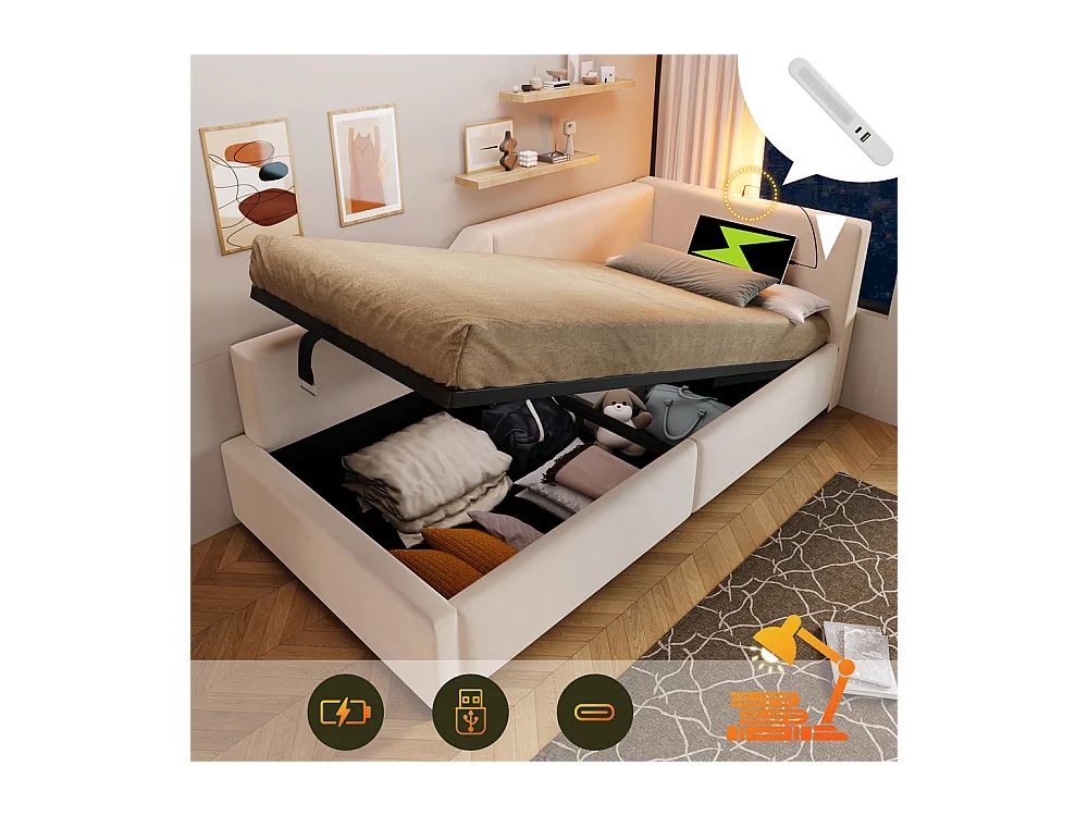 Lit jeune lit 90x200 cm lit rembourré hydraulische lit simple velours beige