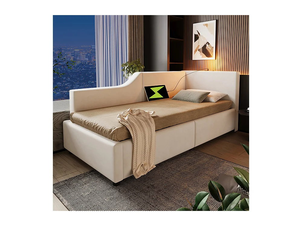 Lit jeune lit 90x200 cm lit rembourré hydraulische lit simple velours beige