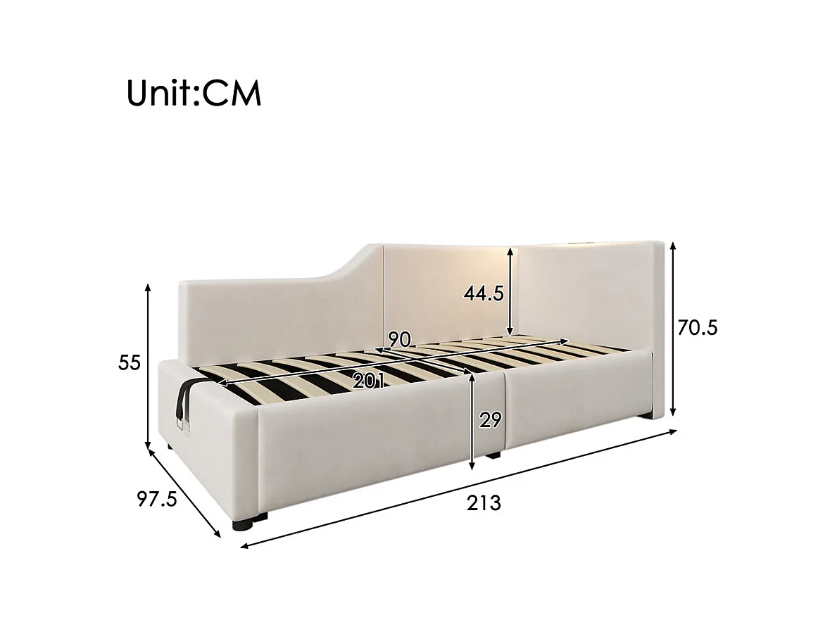 Lit jeune lit 90x200 cm lit rembourré hydraulische lit simple velours beige