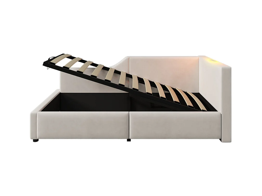 Lit jeune lit 90x200 cm lit rembourré hydraulische lit simple velours beige