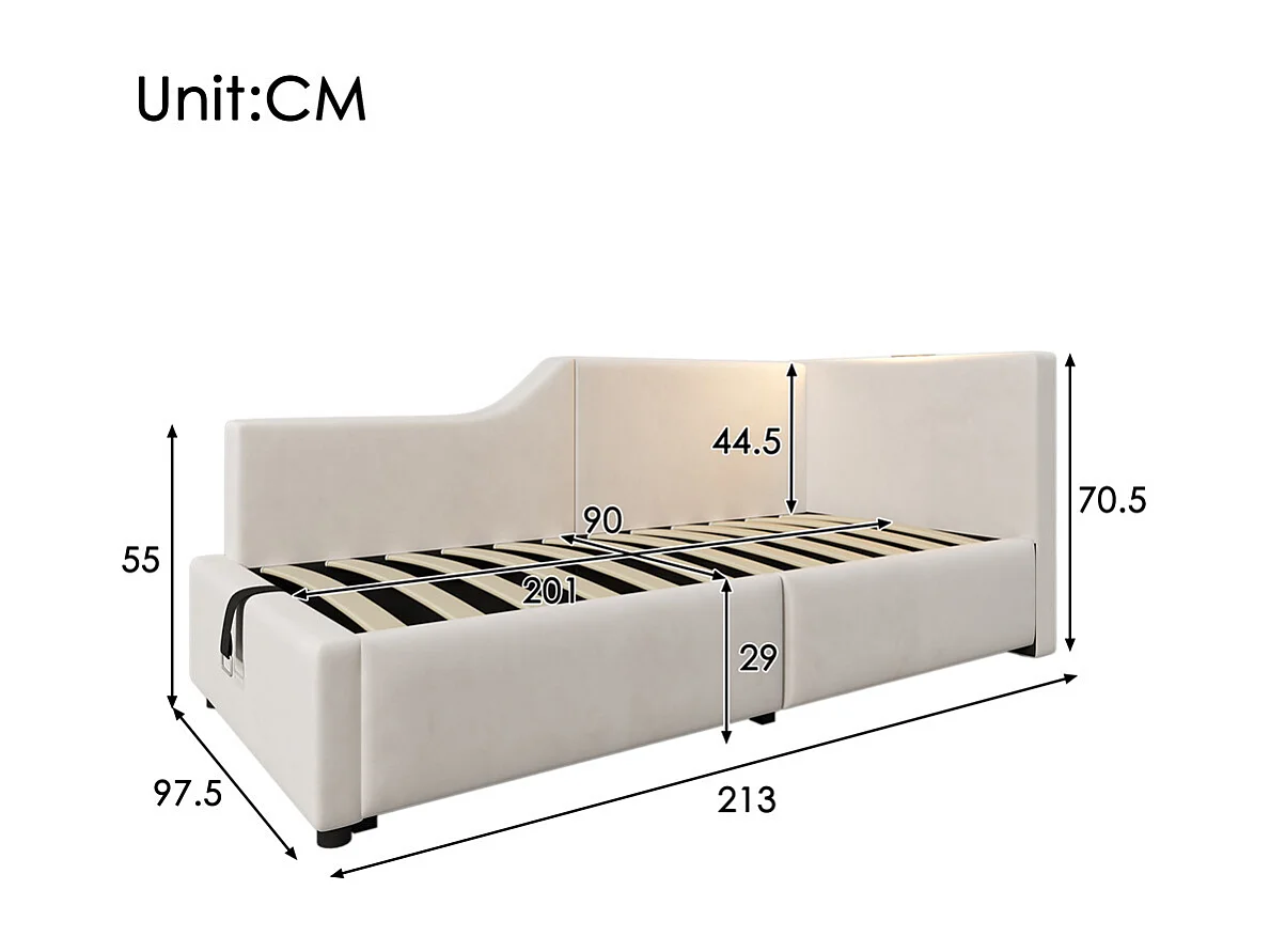 Lit jeune lit 90x200 cm lit rembourré hydraulische lit simple velours beige