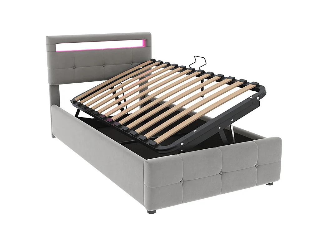 Lit jeune lit 90x200 cm lit de rangement lit rembourré hydraulique avec éclairage led lit simple velours gris