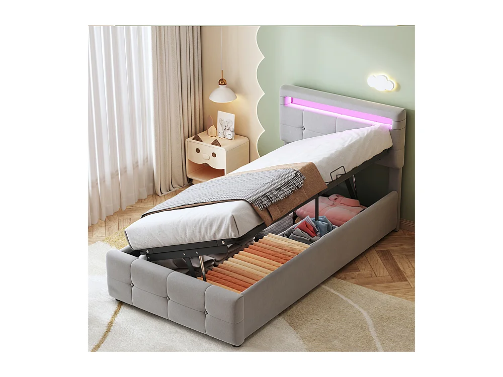 Lit jeune lit 90x200 cm lit de rangement lit rembourré hydraulique avec éclairage led lit simple velours gris