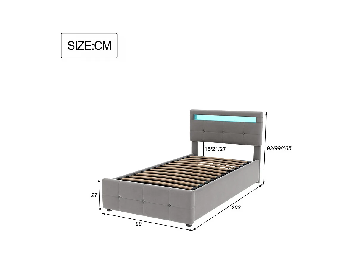 Lit jeune lit 90x200 cm lit de rangement lit rembourré hydraulique avec éclairage led lit simple velours gris