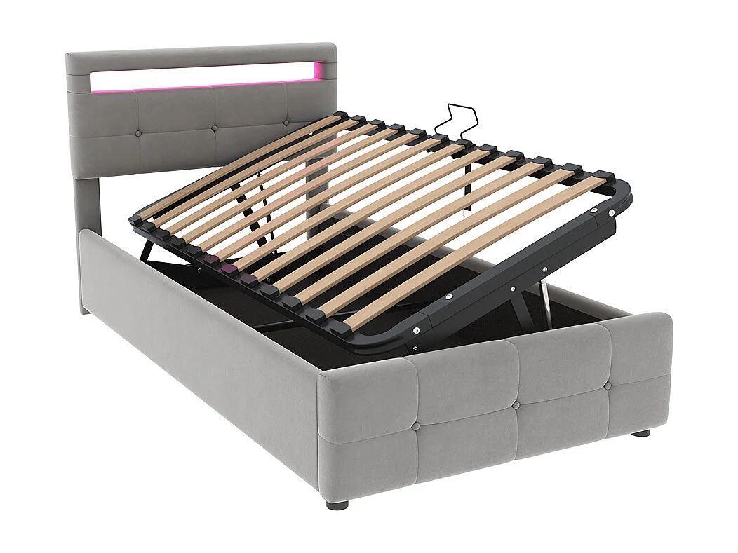 Lit jeune lit 90x200 cm lit de rangement lit rembourré hydraulique avec éclairage led lit simple velours gris