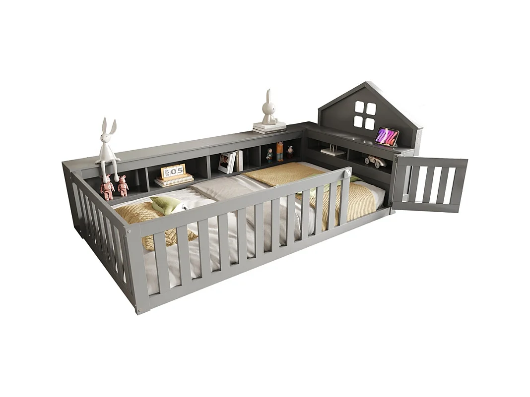 Lit enfant 90 x 200 cm, avec rail de toit et fenêtre, avec compartiment de rangement, lit en bois massif avec sommier à lattes, lit simple, gris