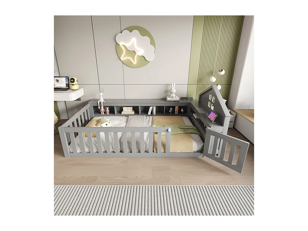 Lit enfant 90 x 200 cm, avec rail de toit et fenêtre, avec compartiment de rangement, lit en bois massif avec sommier à lattes, lit simple, gris