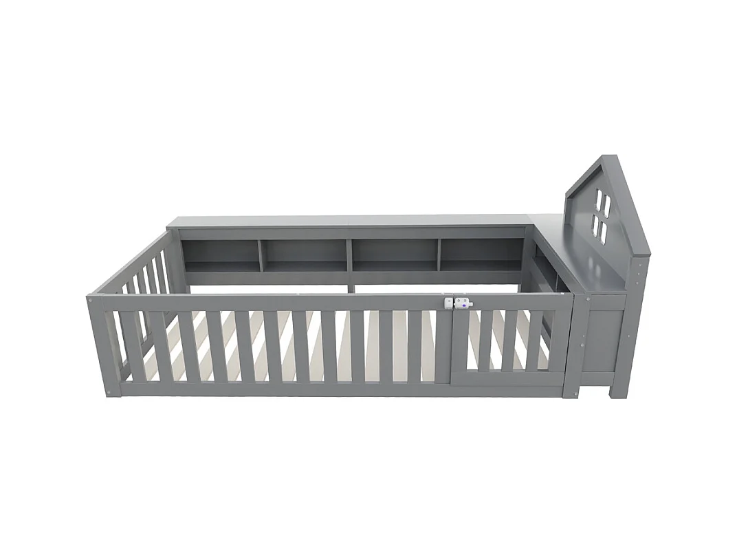 Lit enfant 90 x 200 cm, avec rail de toit et fenêtre, avec compartiment de rangement, lit en bois massif avec sommier à lattes, lit simple, gris