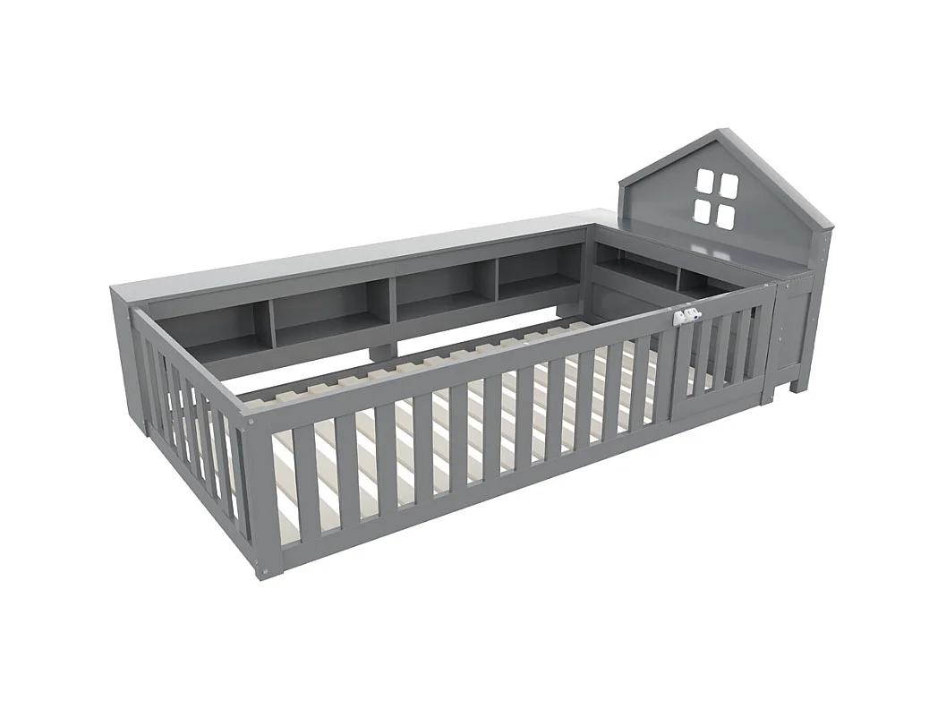 Lit enfant 90 x 200 cm, avec rail de toit et fenêtre, avec compartiment de rangement, lit en bois massif avec sommier à lattes, lit simple, gris