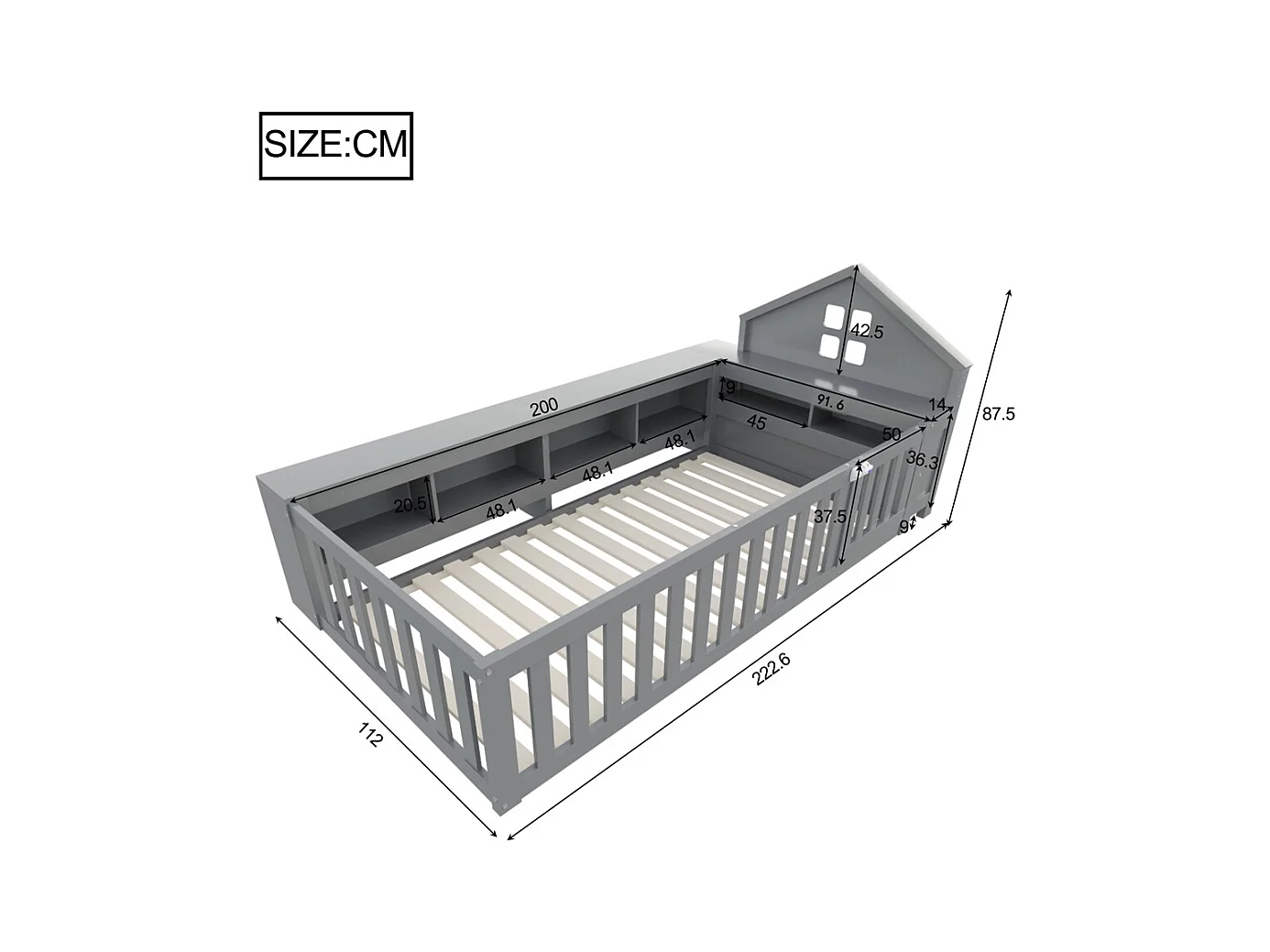 Lit enfant 90 x 200 cm, avec rail de toit et fenêtre, avec compartiment de rangement, lit en bois massif avec sommier à lattes, lit simple, gris