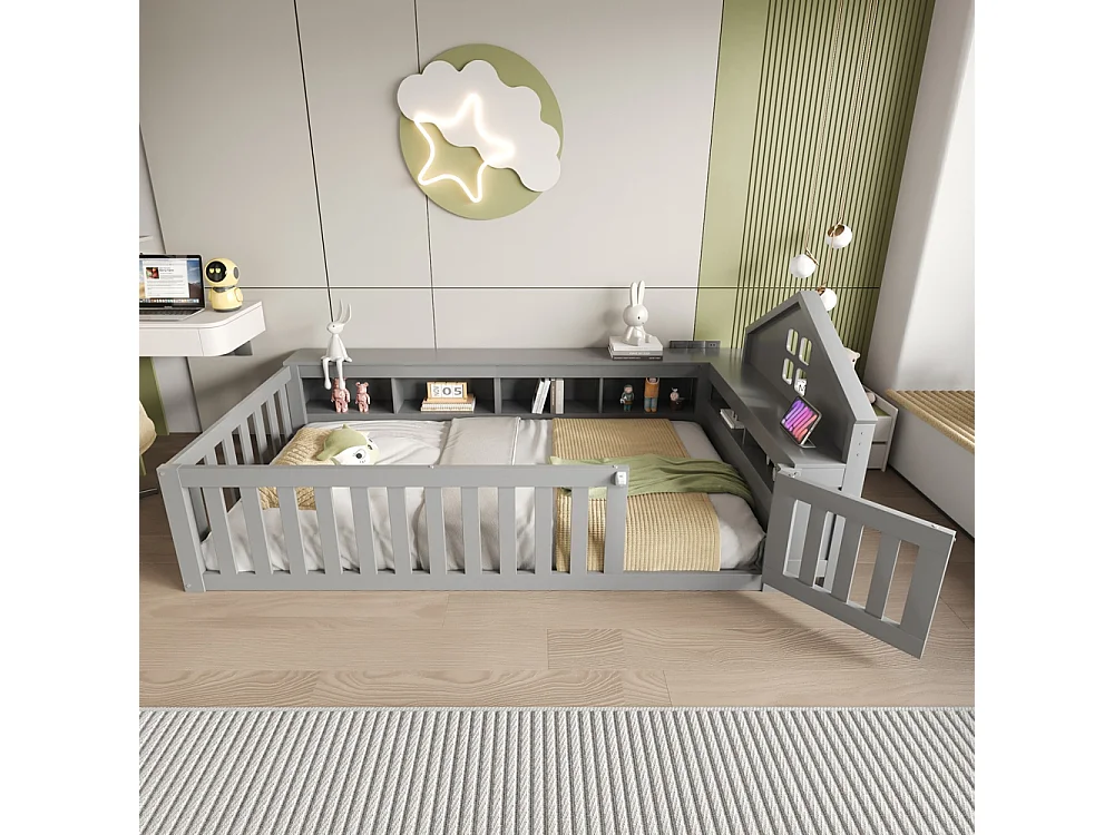 Lit enfant 90 x 200 cm, avec rail de toit et fenêtre, avec compartiment de rangement, lit en bois massif avec sommier à lattes, lit simple, gris