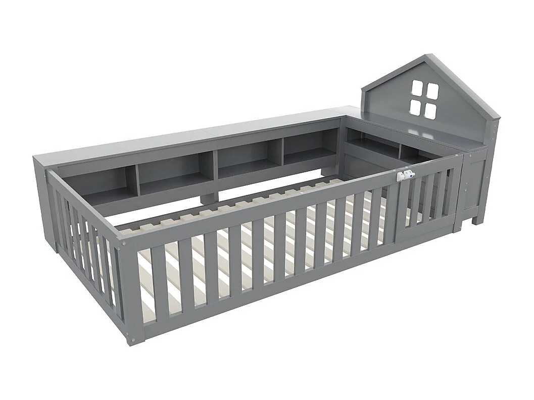 Lit enfant 90 x 200 cm, avec rail de toit et fenêtre, avec compartiment de rangement, lit en bois massif avec sommier à lattes, lit simple, gris