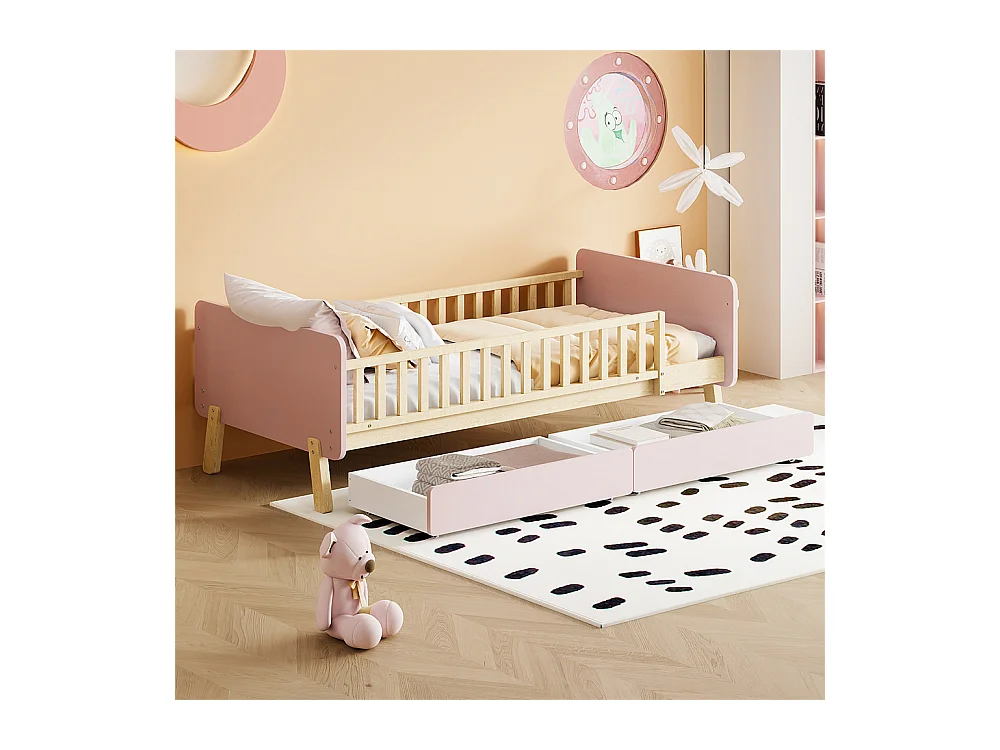 Lit jeune lit 90x190 cm avec 2 tiroirs avec sommier à lattes lit simple bois massif rose