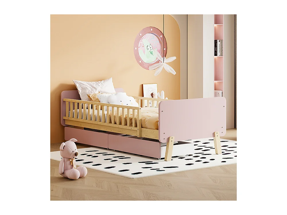 Lit jeune lit 90x190 cm avec 2 tiroirs avec sommier à lattes lit simple bois massif rose