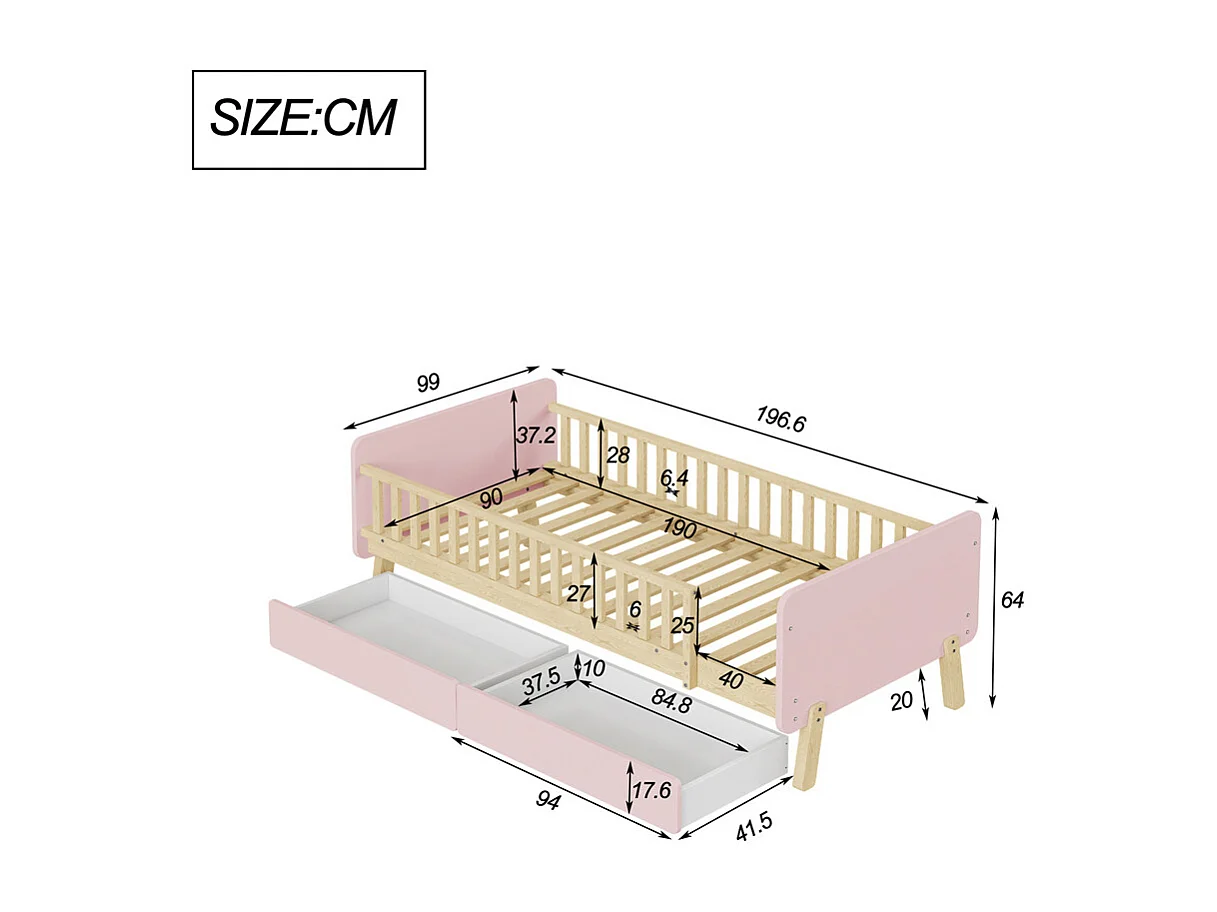Lit jeune lit 90x190 cm avec 2 tiroirs avec sommier à lattes lit simple bois massif rose