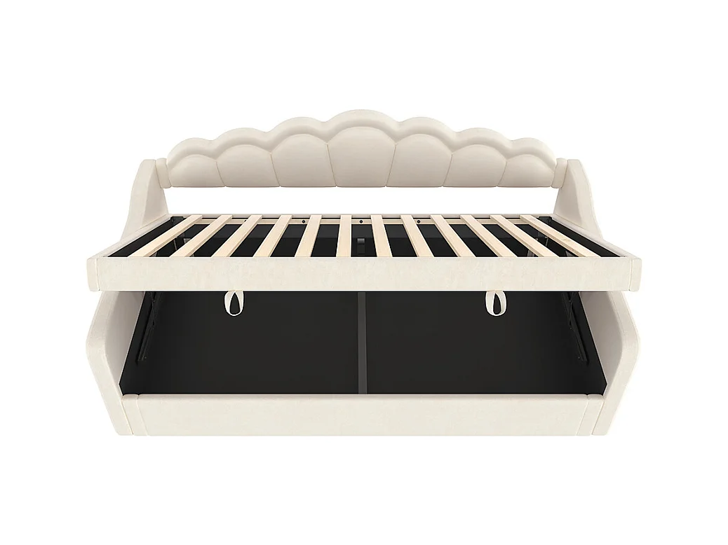 Lit de jour 90x200cm, canapé-lit, lit hydraulique, avec espace de rangement, bande led à couleur changeante, lit simple (sans matelas), velours, beige