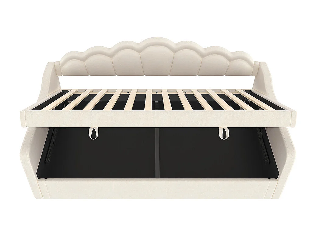 Lit de jour 90x200cm, canapé-lit, lit hydraulique, avec espace de rangement, bande led à couleur changeante, lit simple (sans matelas), velours, beige