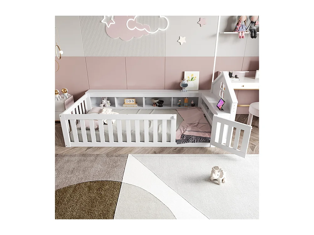 Lit enfant 90 x 200 cm, avec rail de toit et fenêtre, avec compartiment de rangement, lit en bois massif avec sommier à lattes, lit simple, blanc