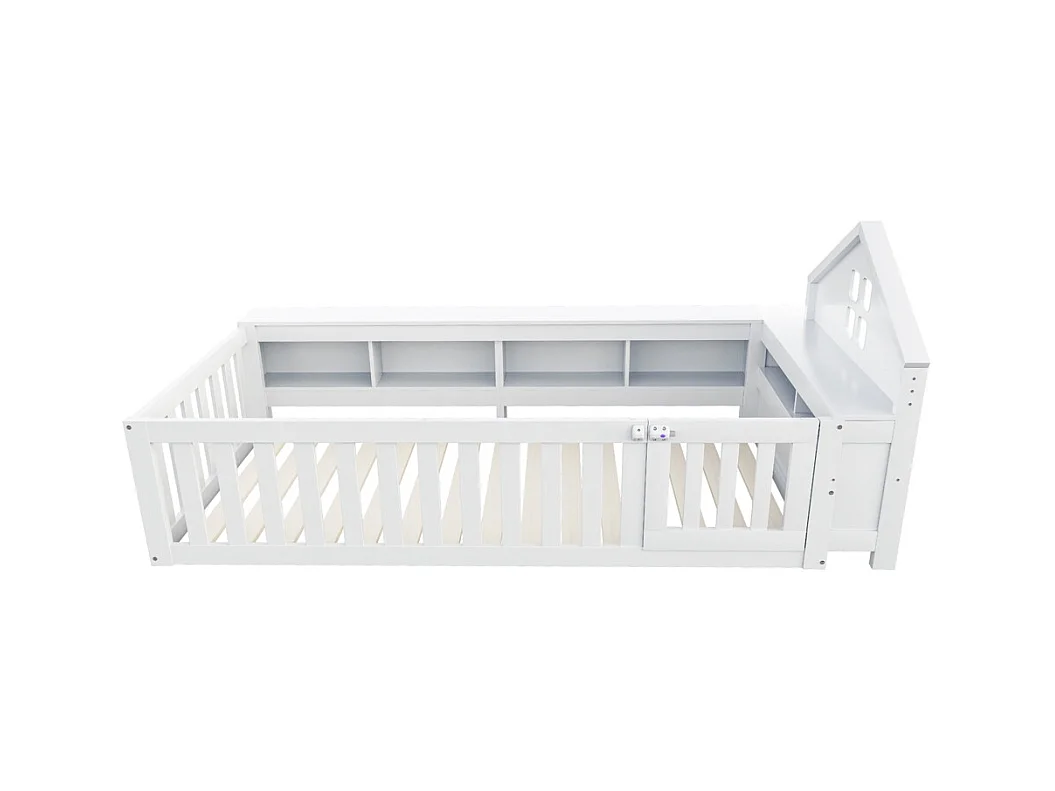 Lit enfant 90 x 200 cm, avec rail de toit et fenêtre, avec compartiment de rangement, lit en bois massif avec sommier à lattes, lit simple, blanc