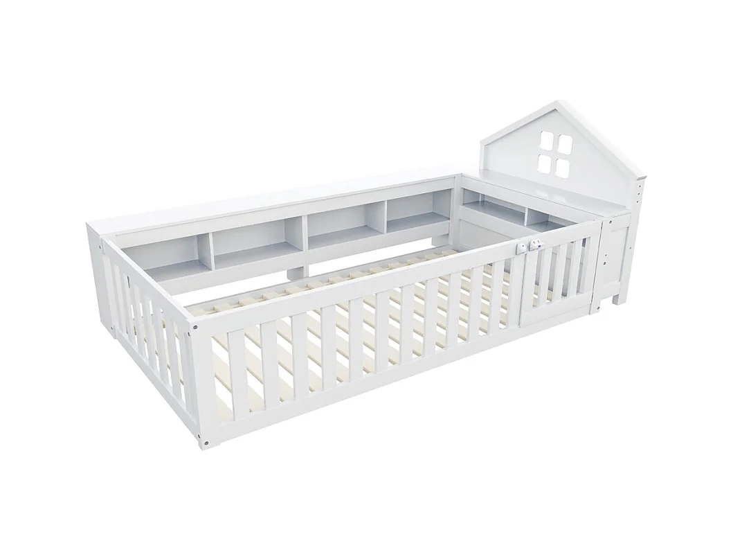 Lit enfant 90 x 200 cm, avec rail de toit et fenêtre, avec compartiment de rangement, lit en bois massif avec sommier à lattes, lit simple, blanc