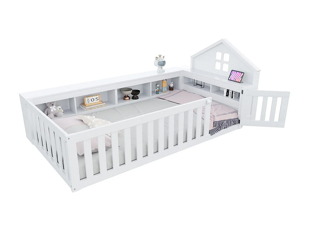 Lit enfant 90 x 200 cm, avec rail de toit et fenêtre, avec compartiment de rangement, lit en bois massif avec sommier à lattes, lit simple, blanc