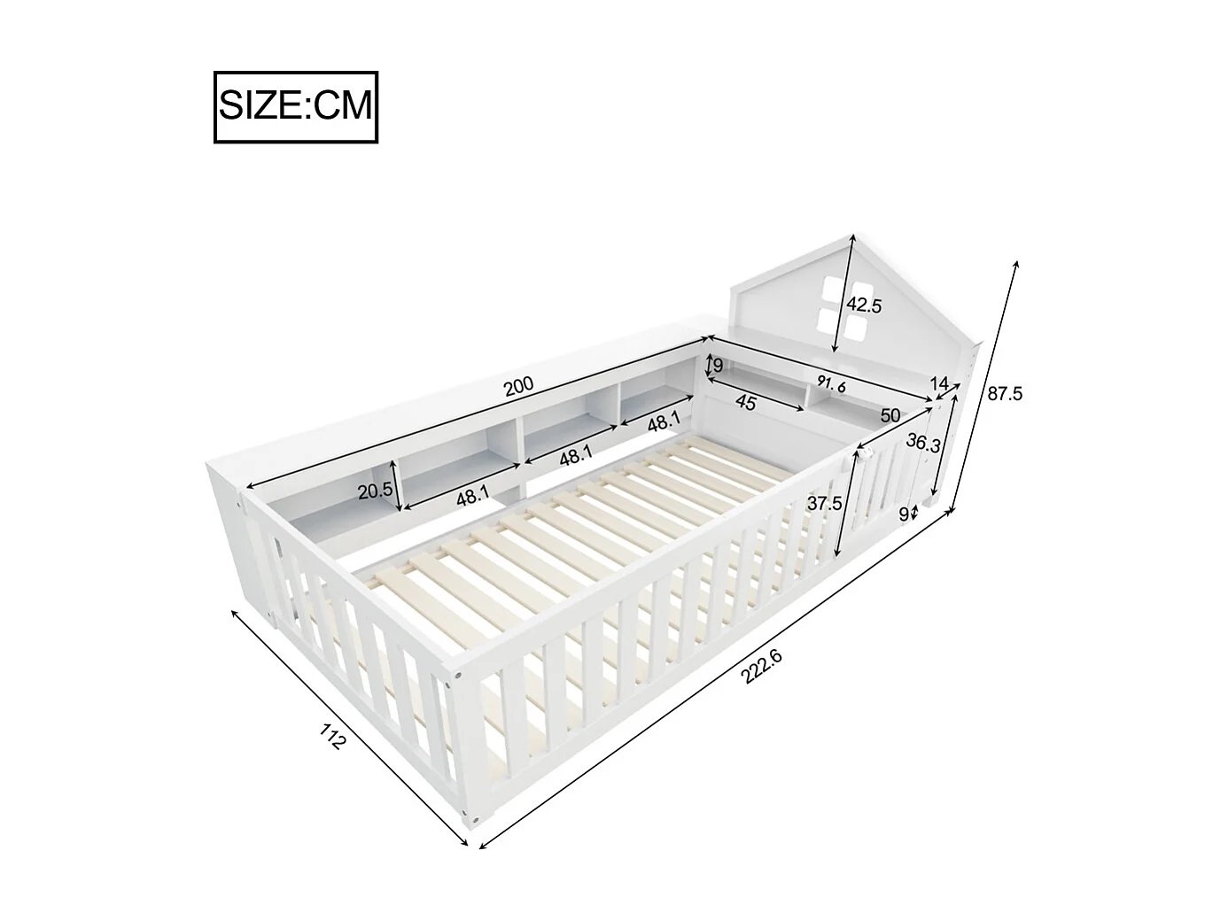 Lit enfant 90 x 200 cm, avec rail de toit et fenêtre, avec compartiment de rangement, lit en bois massif avec sommier à lattes, lit simple, blanc