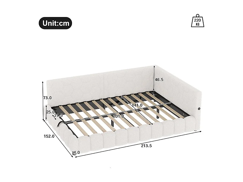 Lit de repos, 140 x 200 cm, canapé-lit, lit avec sommier à lattes, avec barre lumineuse LED, avec mécanisme de levage hydraulique, blanc