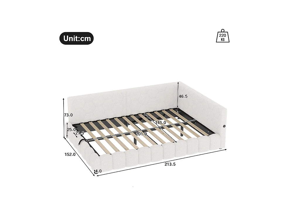 Lit de repos, 140 x 200 cm, canapé-lit, lit avec sommier à lattes, avec barre lumineuse LED, avec mécanisme de levage hydraulique, blanc