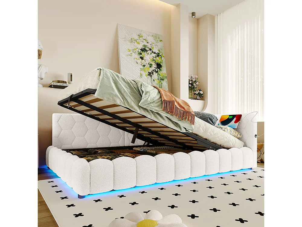 Lit de repos, 140 x 200 cm, canapé-lit, lit avec sommier à lattes, avec barre lumineuse LED, avec mécanisme de levage hydraulique, blanc