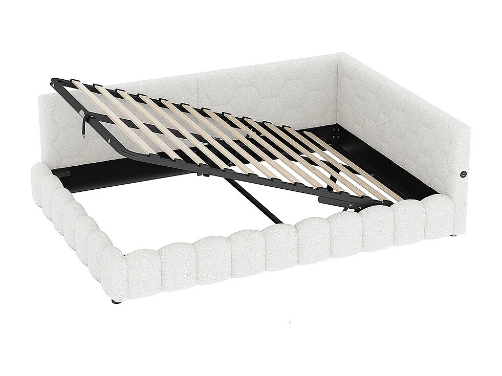 Lit de repos, 140 x 200 cm, canapé-lit, lit avec sommier à lattes, avec barre lumineuse LED, avec mécanisme de levage hydraulique, blanc