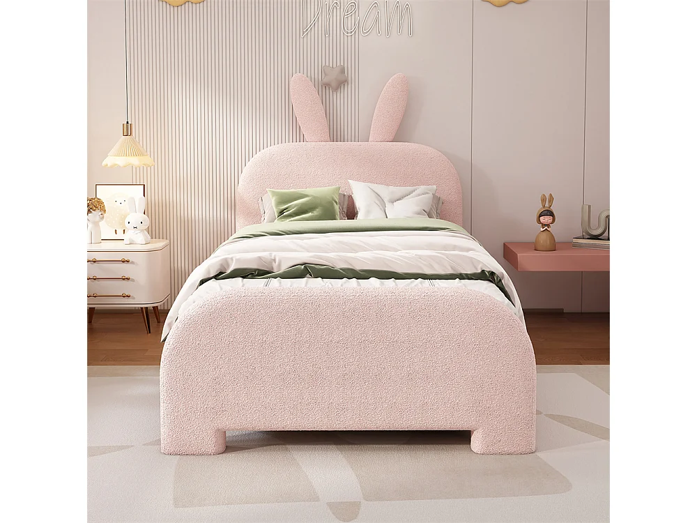 Lit jeune lit 90x200 cm dessin animé en forme de lapin lit simple avec 2 tiroirs peluche rose