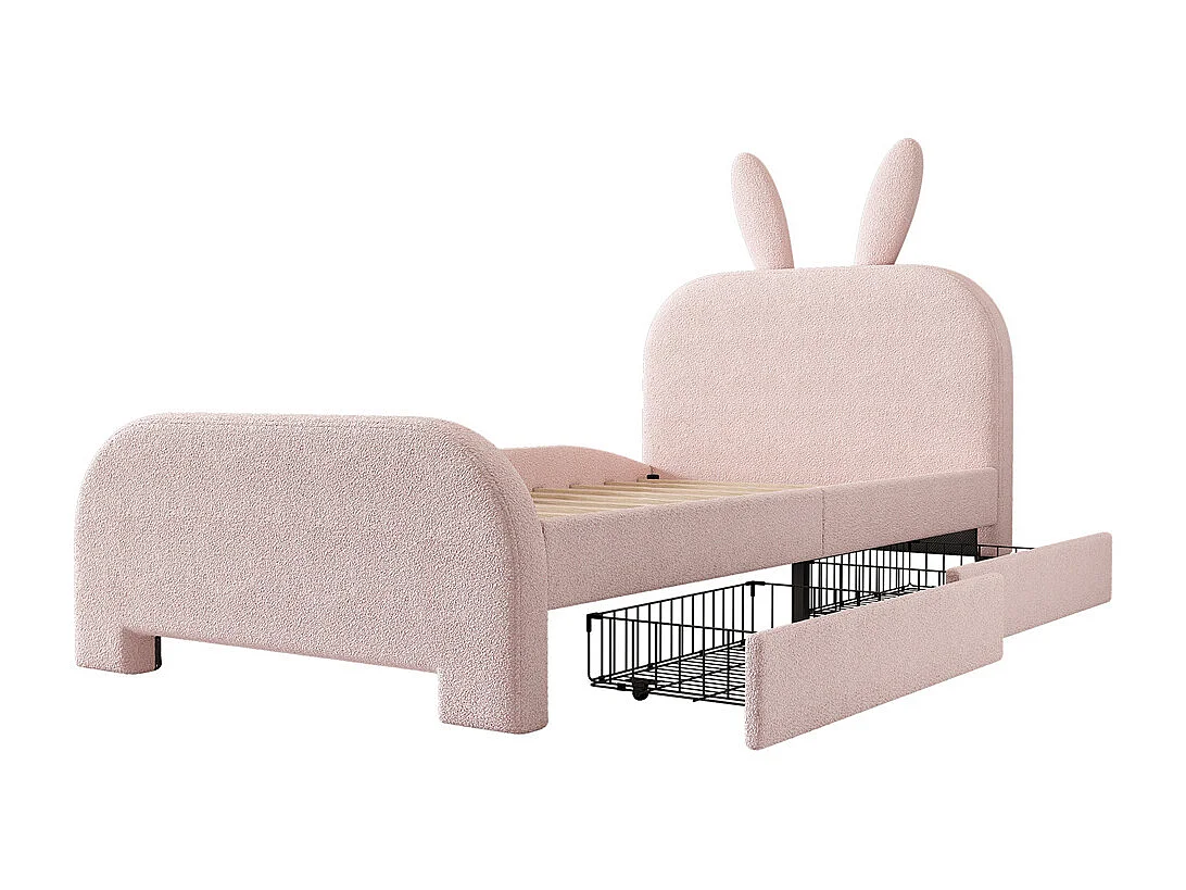 Lit jeune lit 90x200 cm dessin animé en forme de lapin lit simple avec 2 tiroirs peluche rose