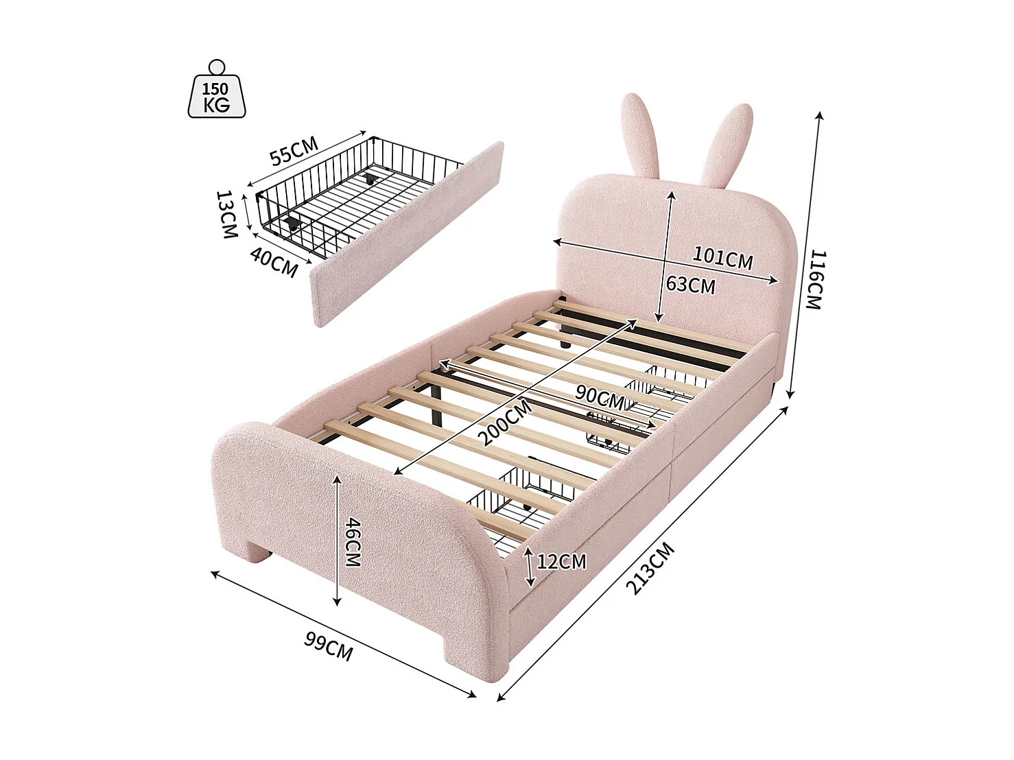 Lit jeune lit 90x200 cm dessin animé en forme de lapin lit simple avec 2 tiroirs peluche rose