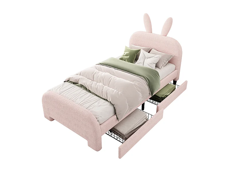 Lit jeune lit 90x200 cm dessin animé en forme de lapin lit simple avec 2 tiroirs peluche rose