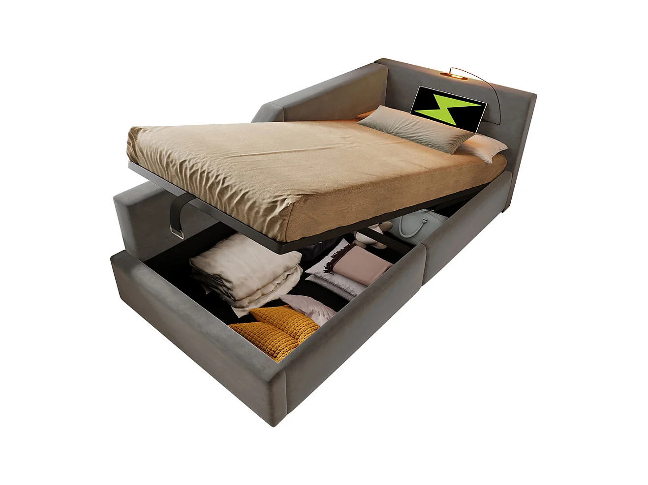 Lit jeune lit 90x200 cm lit rembourré hydraulische lit simple velours gris