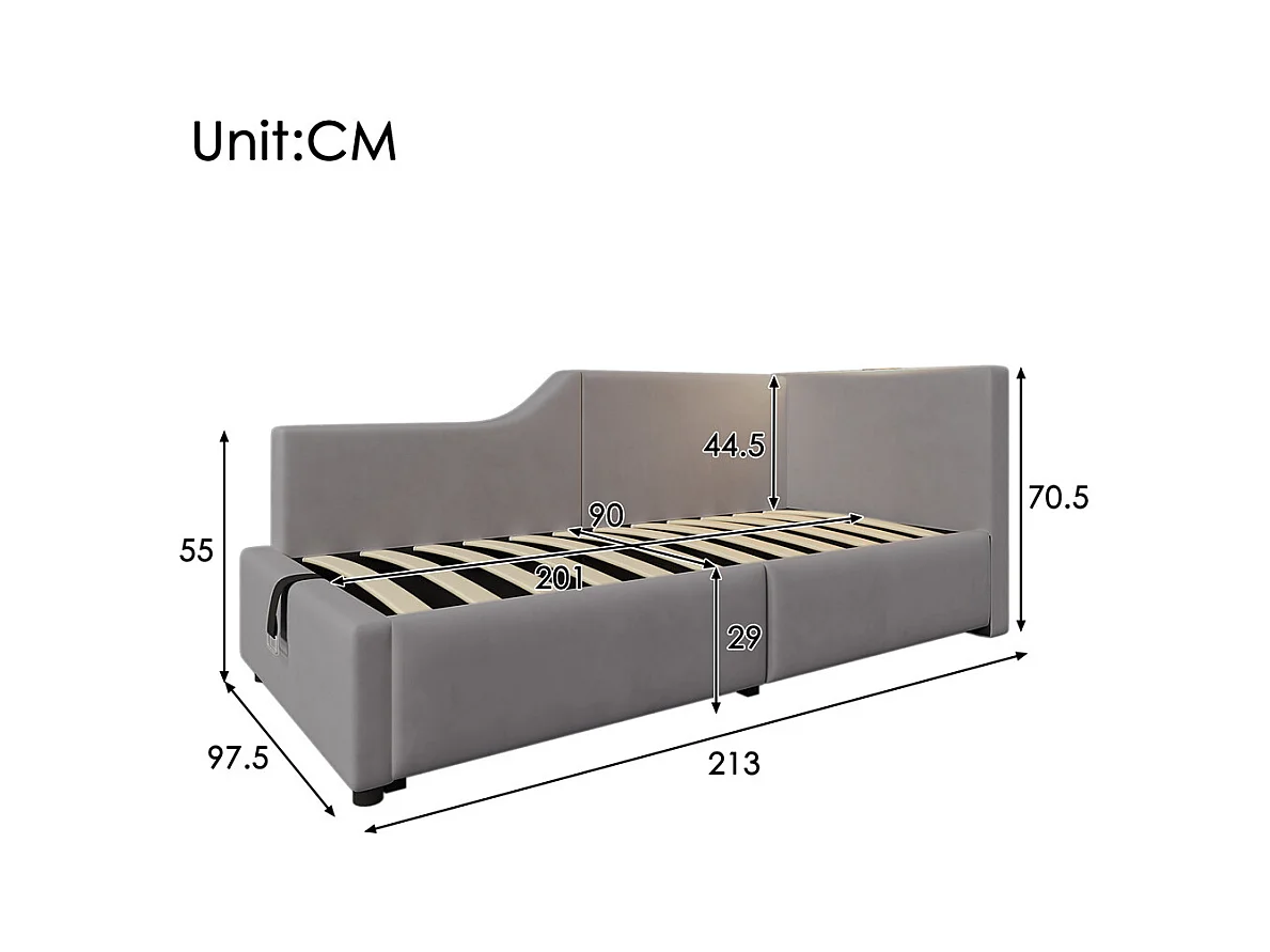 Lit jeune lit 90x200 cm lit rembourré hydraulische lit simple velours gris