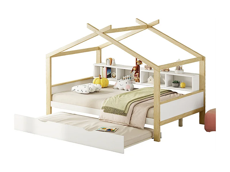 Lit jeune lit 140x200cm avec quatre casiers de rangement lit simple pin naturel+blanc